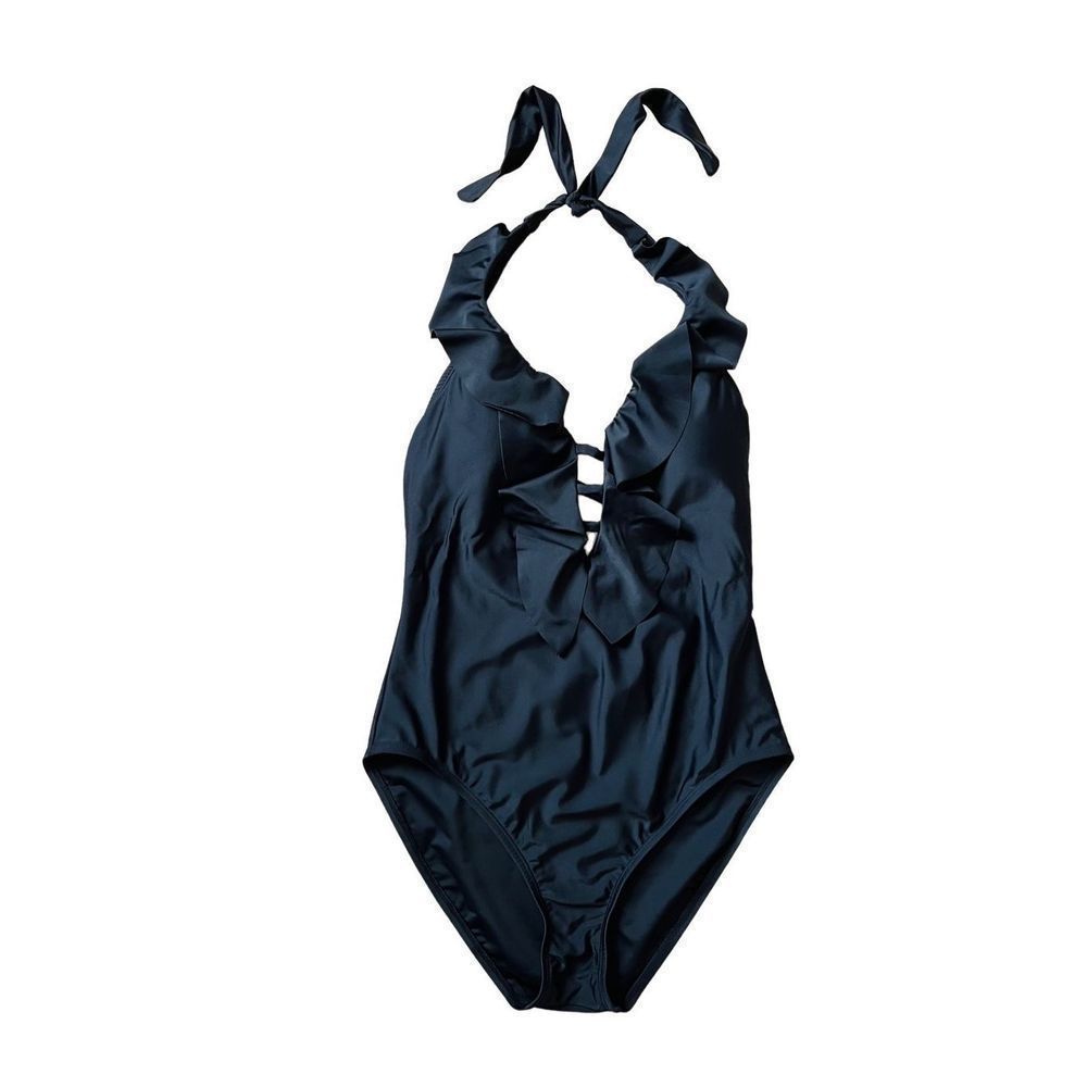 Bleu Rod Beattie Plunge Ruffle One Piece Black Swimsuit sz 10